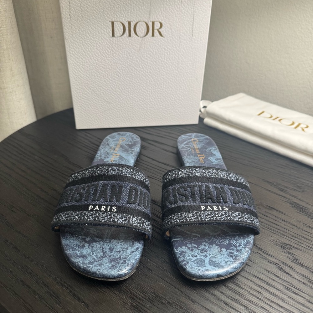 Christian Dior Dway Slide Sandal Embroidered Logo Blue 38.5 - Picture 2 of 8